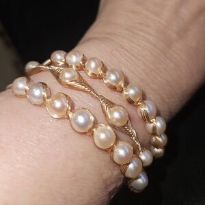 Elegant Pearl and Gold Wire Stackable Bracelet